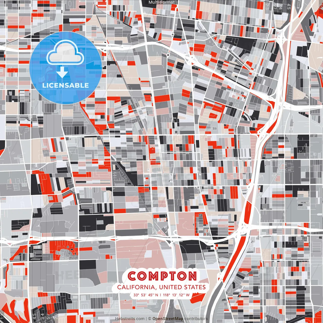 Compton, California, United States - modern street map poster template with gray and red tones