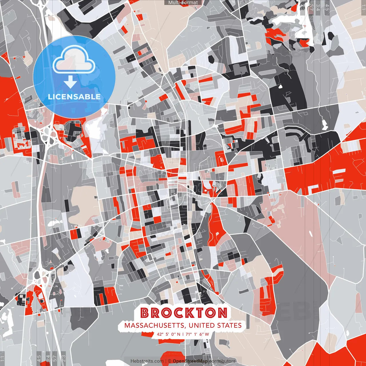 Brockton, Massachusetts, United States - modern street map poster template with gray and red tones