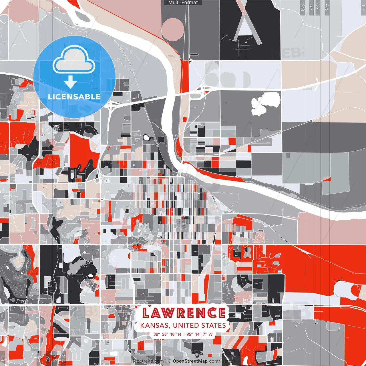 Lawrence, Kansas, United States - modern street map poster template with gray and red tones