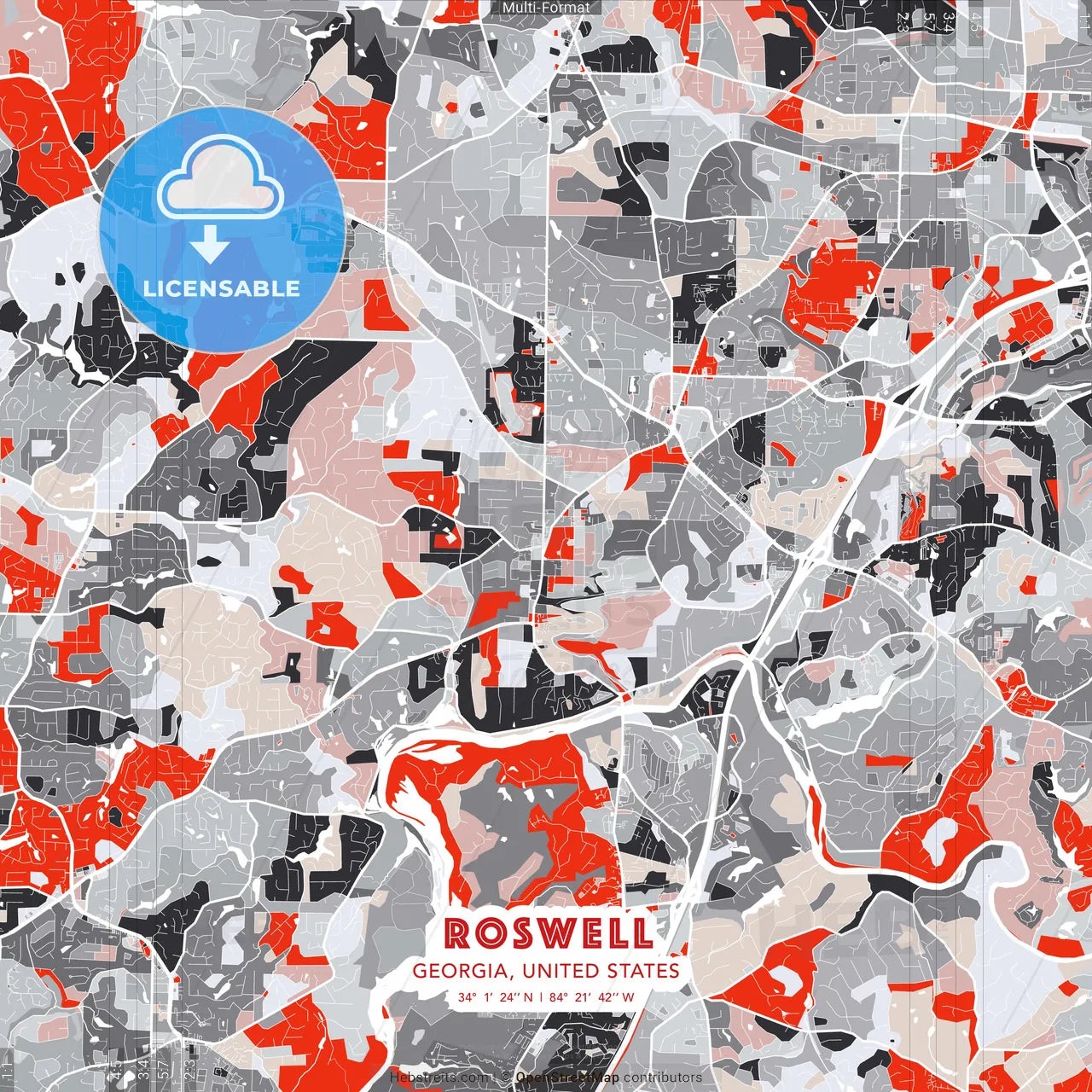 Roswell, Georgia, United States - modern street map poster template with gray and red tones