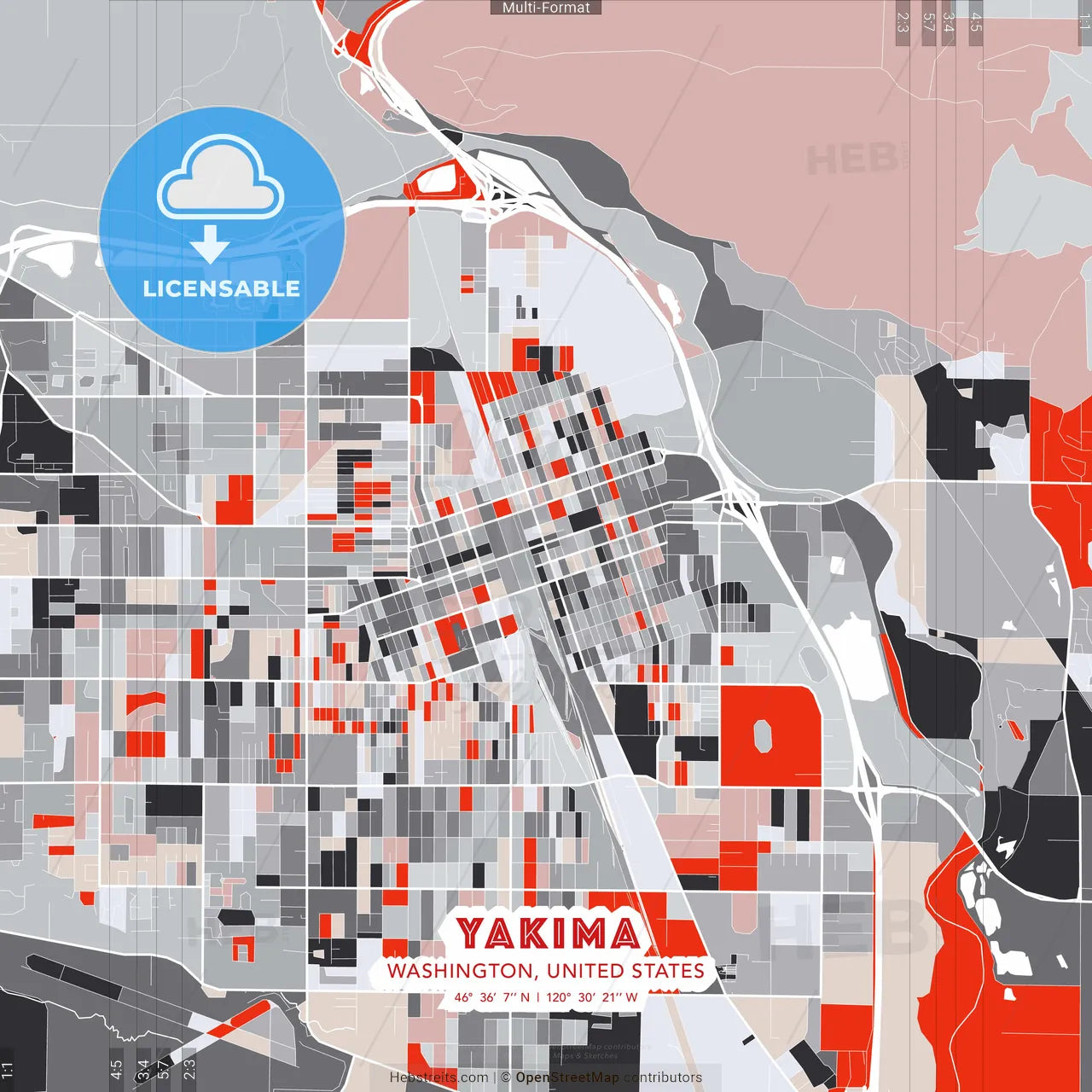 Yakima, Washington, United States - modern street map poster template with gray and red tones