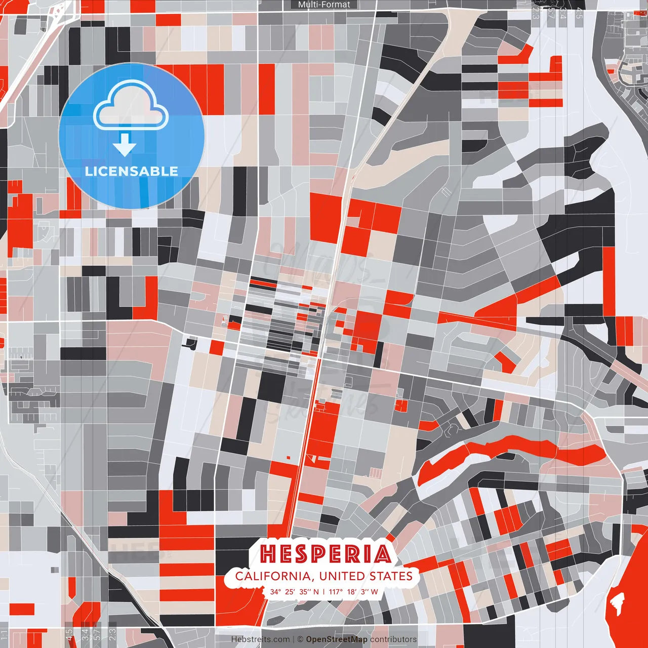 Hesperia, California, United States - modern street map poster template with gray and red tones