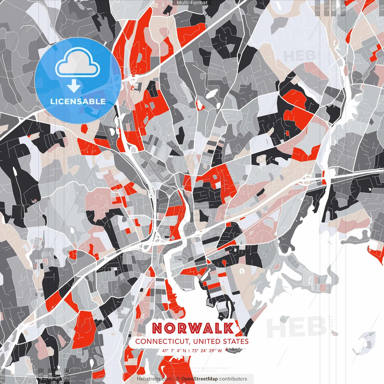 Norwalk, Connecticut, United States - modern street map poster template with gray and red tones