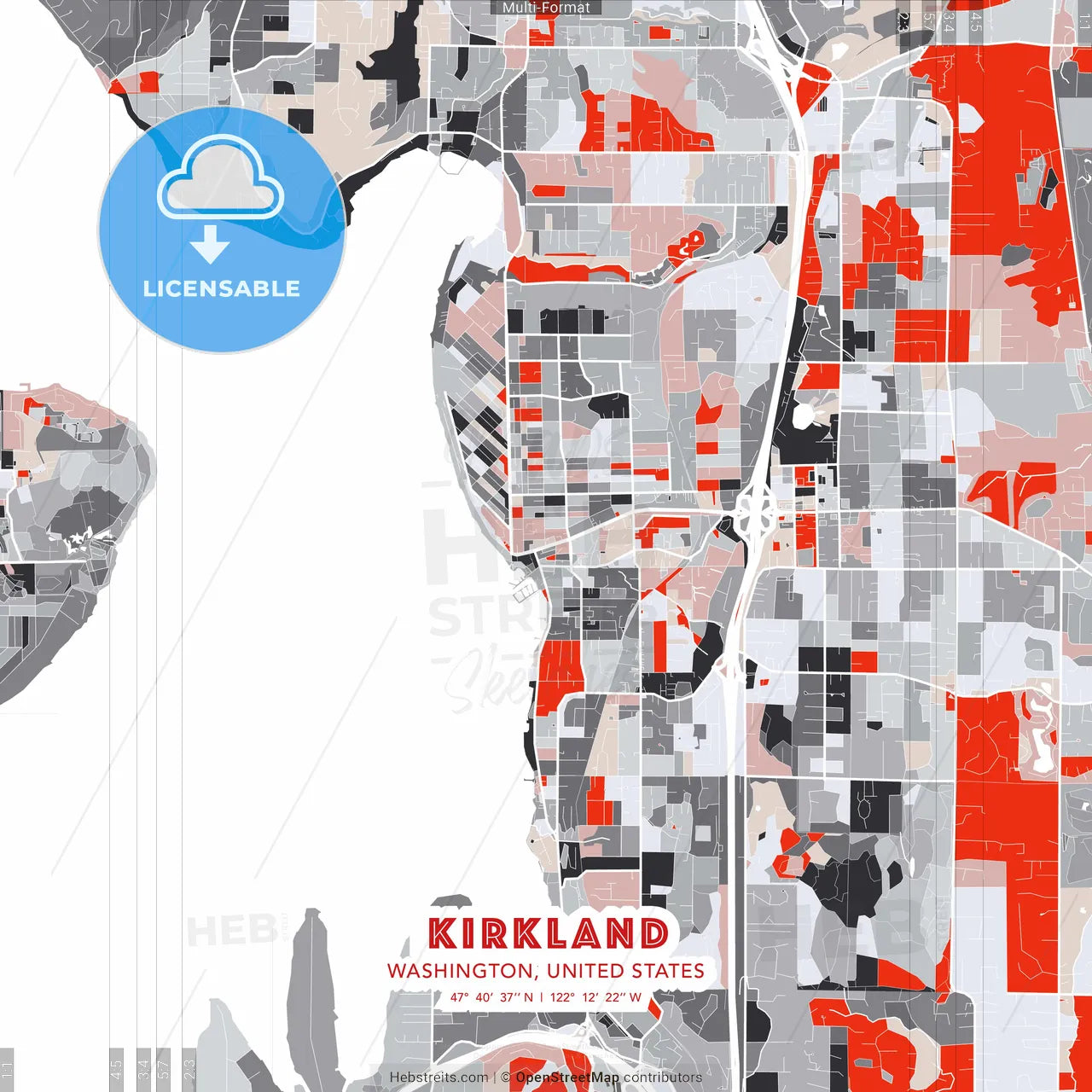 Kirkland, Washington, United States - modern street map poster template with gray and red tones