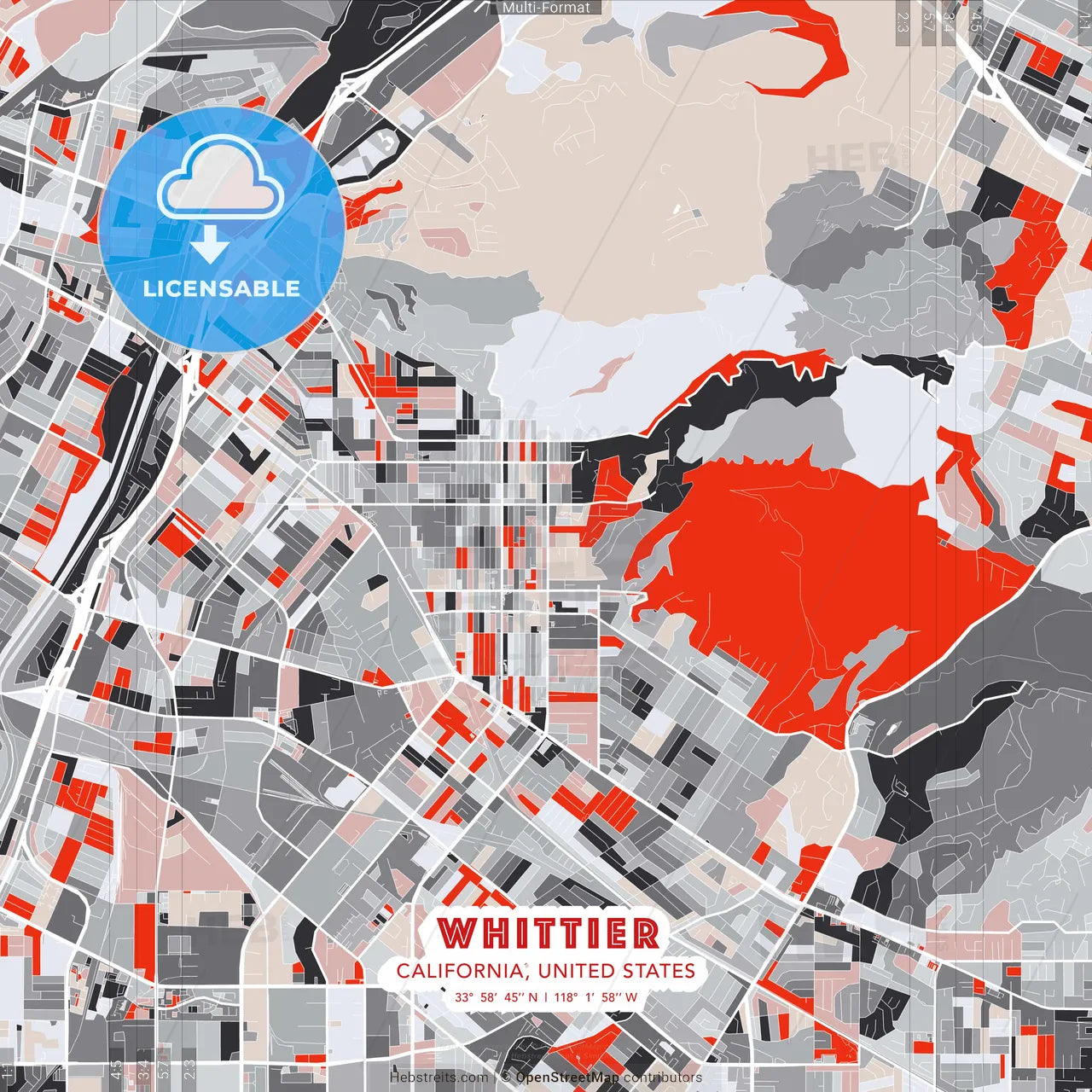 Whittier, California, United States - modern street map poster template with gray and red tones