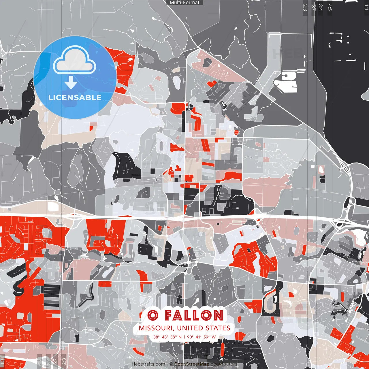 O Fallon, Missouri, United States - modern street map poster template with gray and red tones