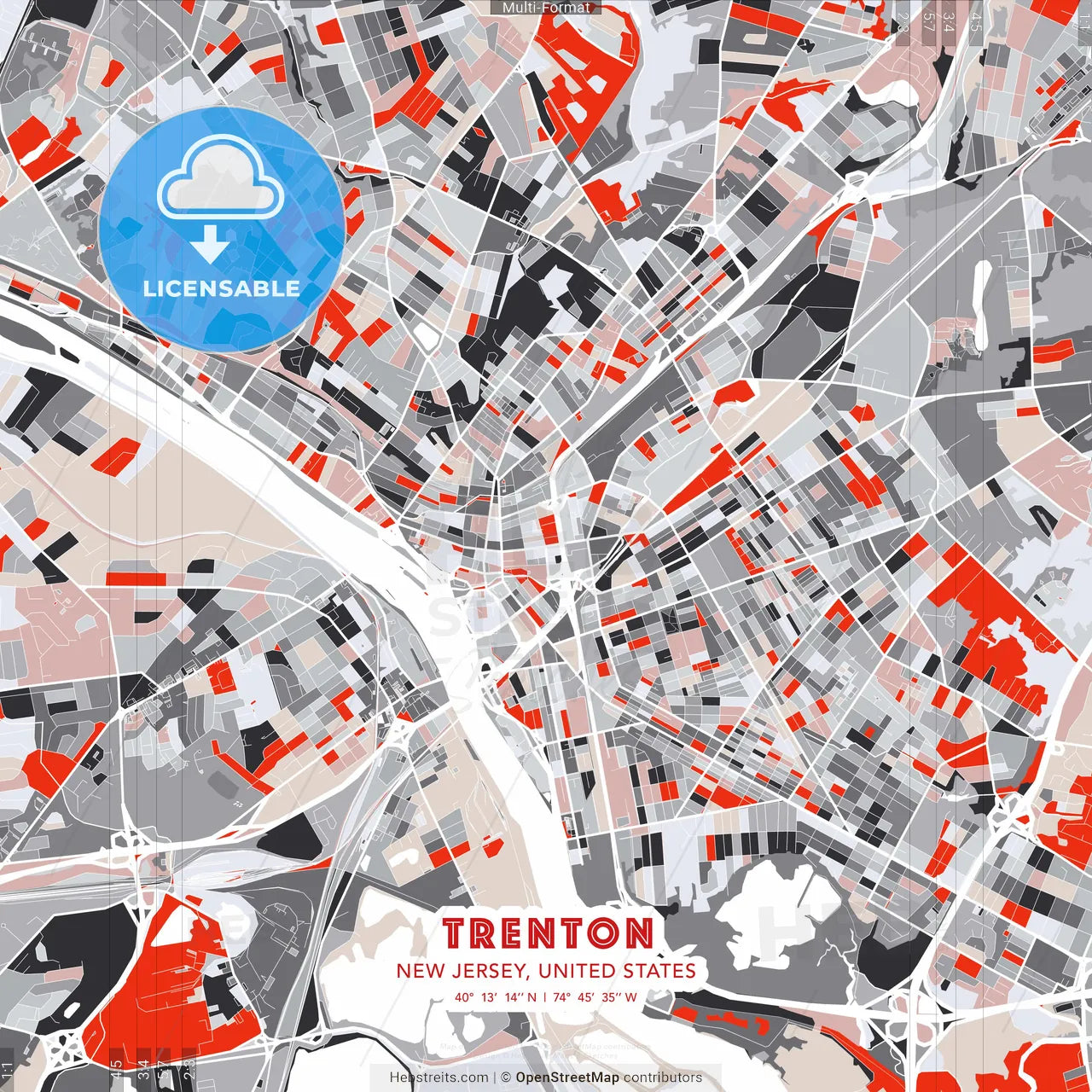 Trenton, New Jersey, United States - modern street map poster template with gray and red tones