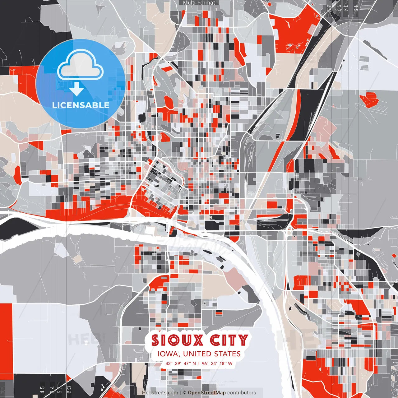 Sioux City, Iowa, United States - modern street map poster template with gray and red tones