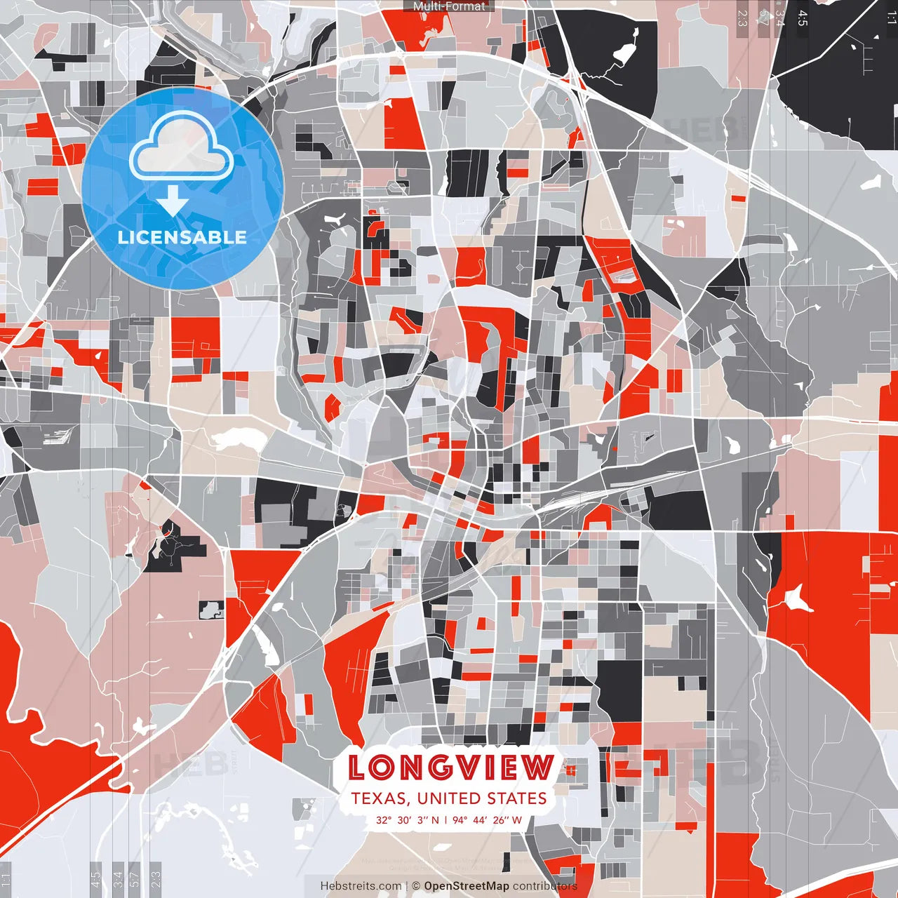 Longview, Texas, United States - modern street map poster template with gray and red tones