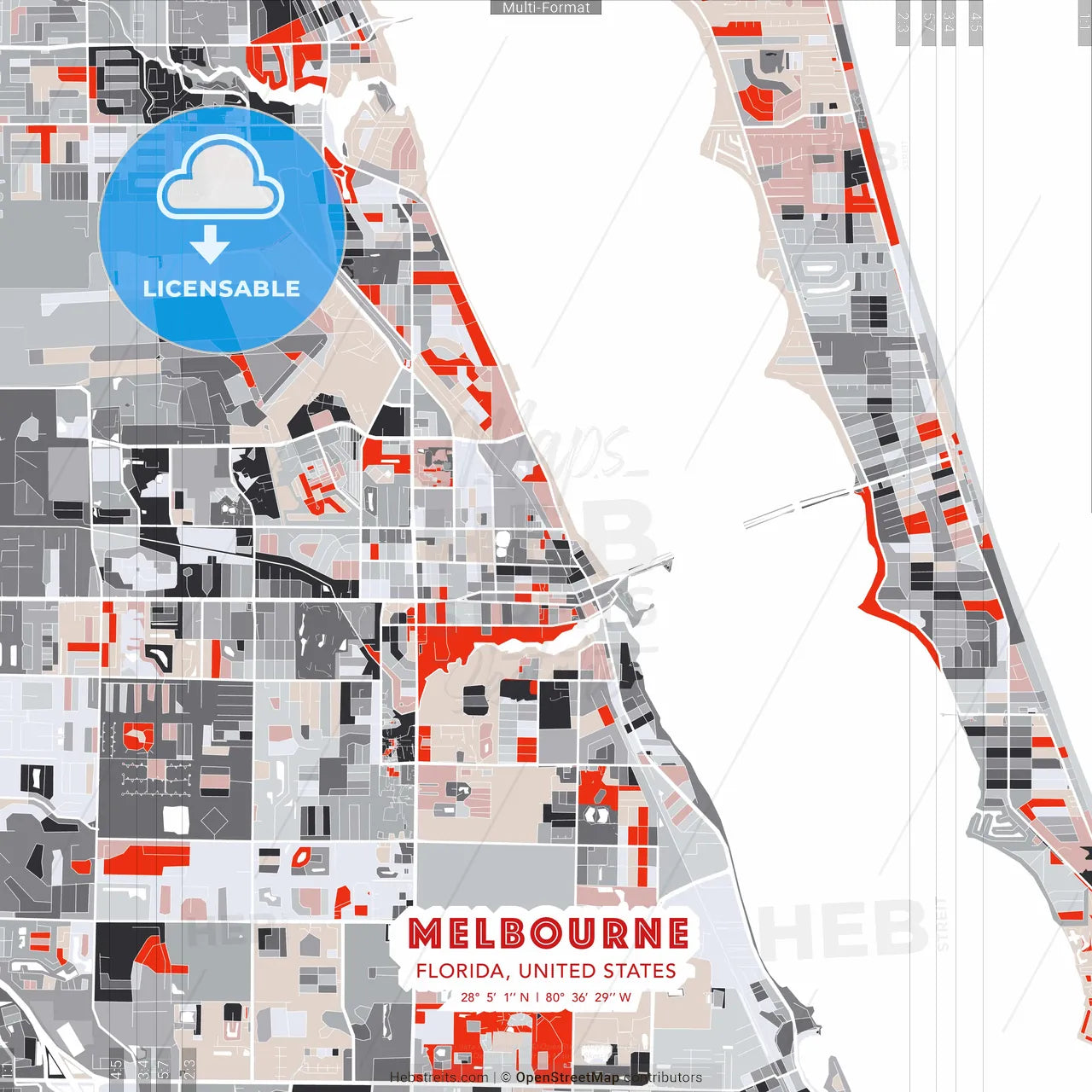 Melbourne, Florida, United States - modern street map poster template with gray and red tones