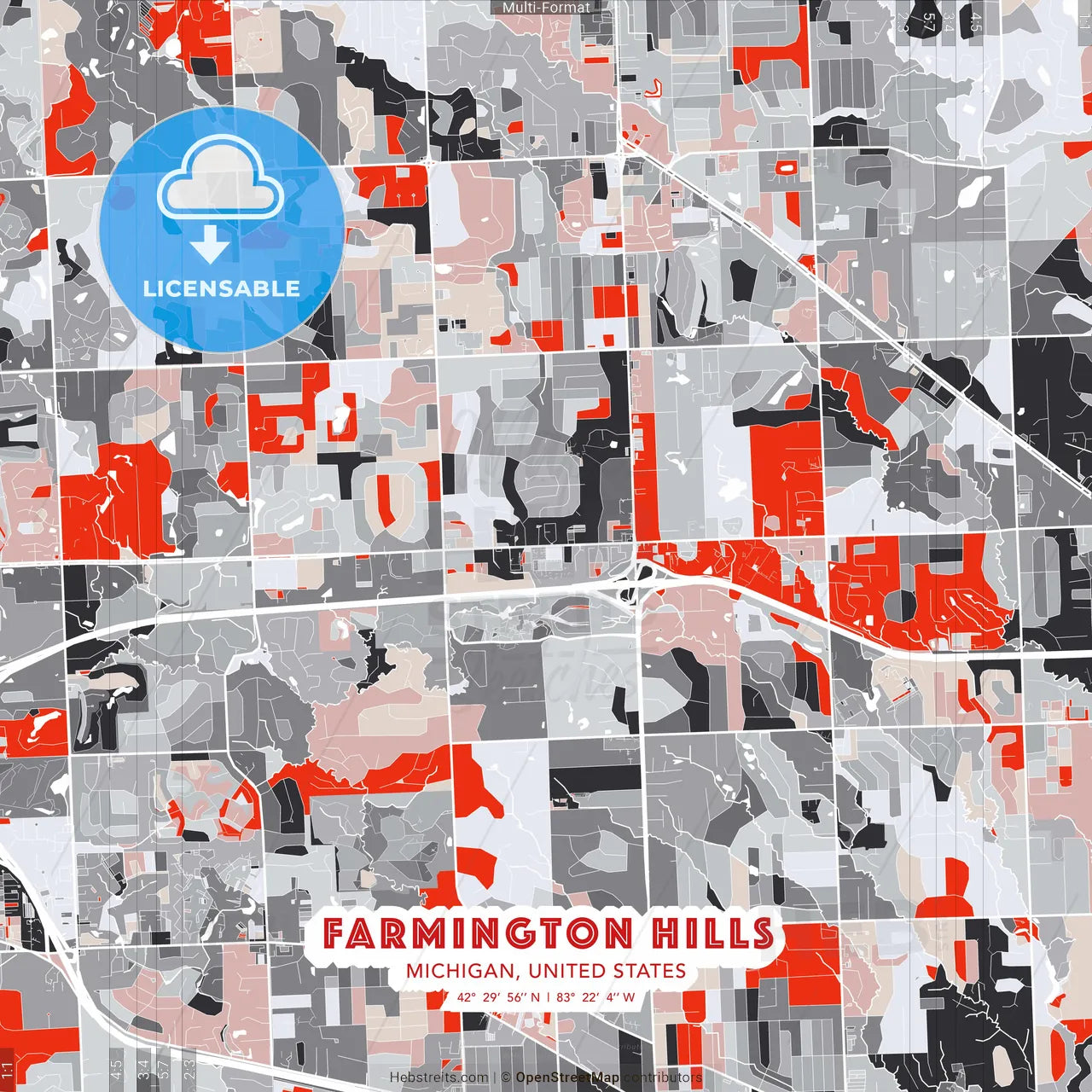 Farmington Hills, Michigan, United States - modern street map poster template with gray and red tones