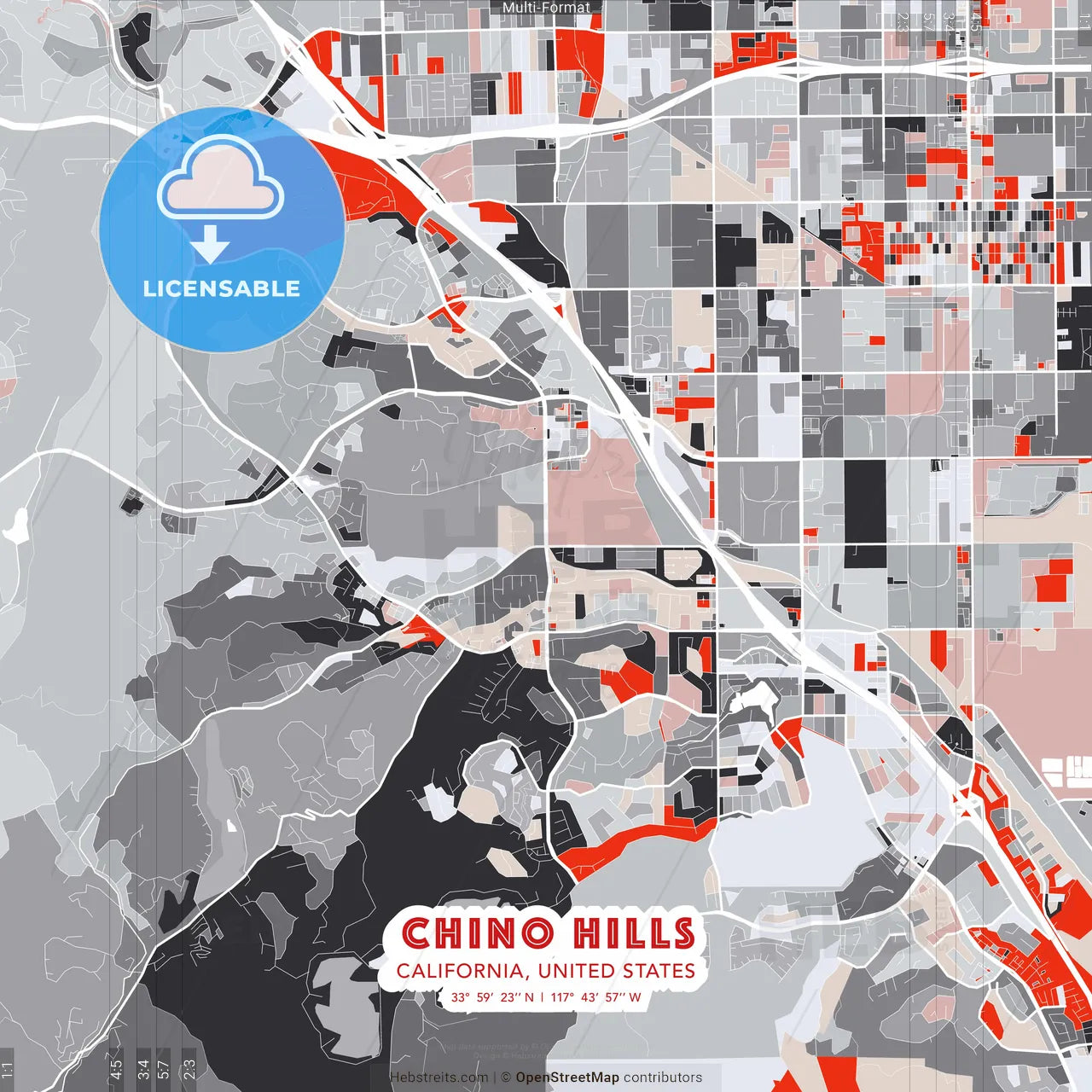 Chino Hills, California, United States - modern street map poster template with gray and red tones