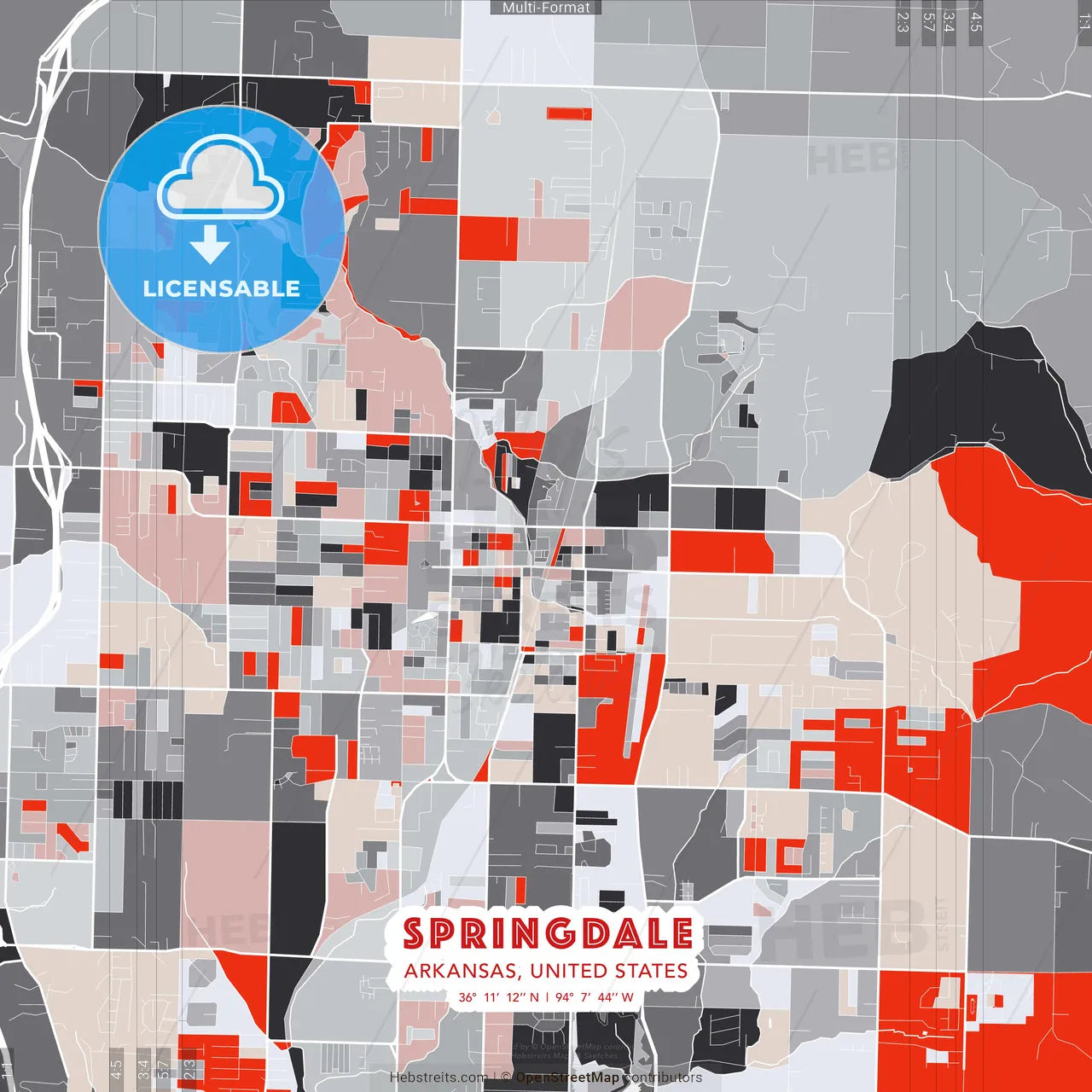 Springdale, Arkansas, United States - modern street map poster template with gray and red tones