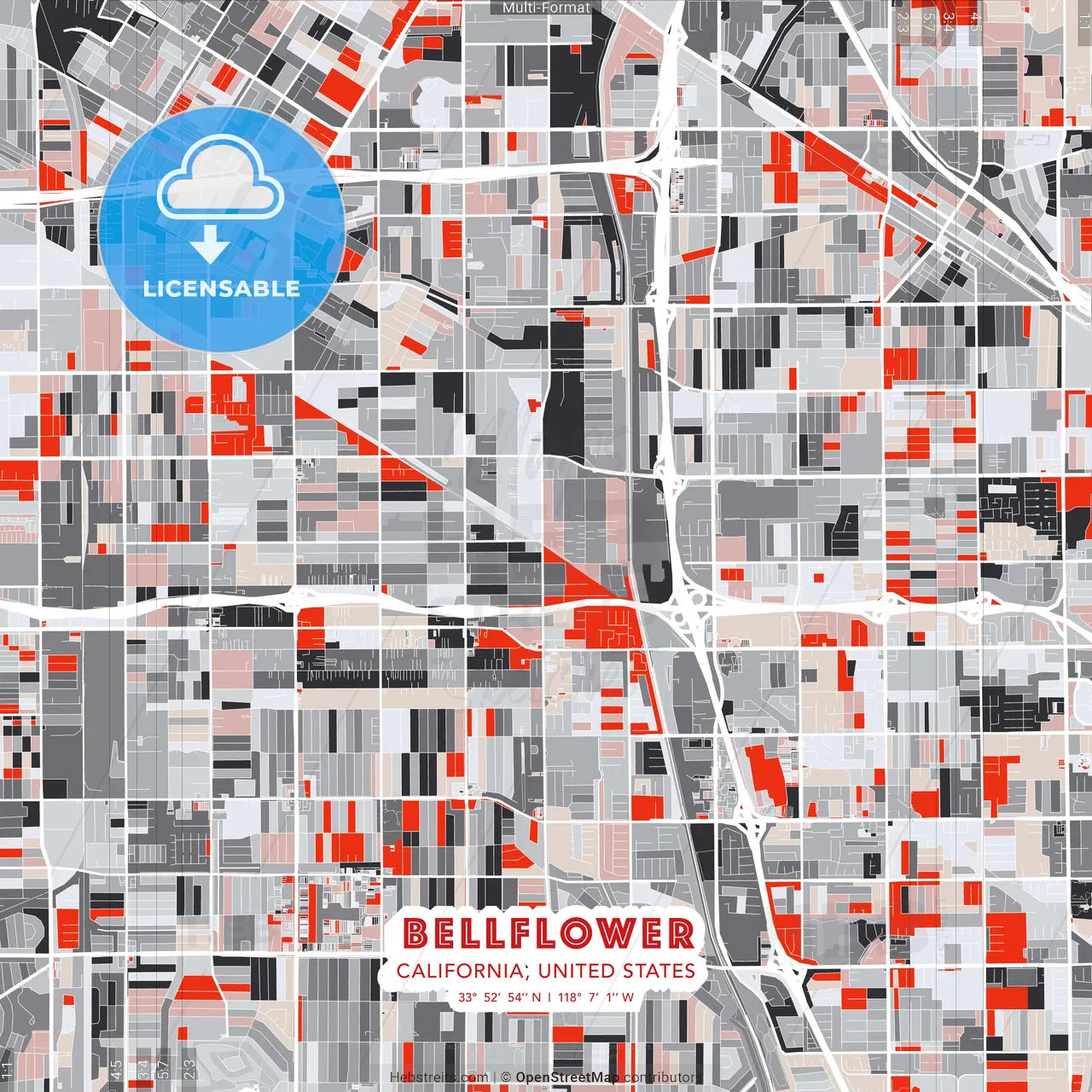 Bellflower, California, United States - modern street map poster template with gray and red tones