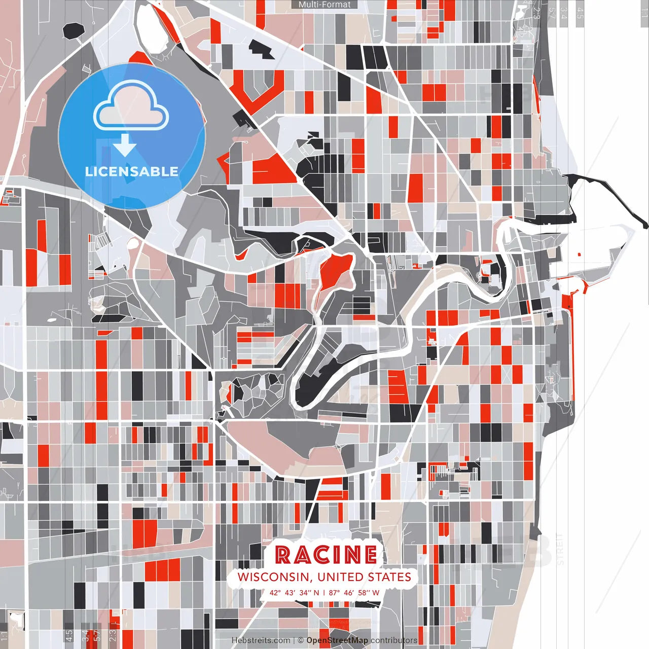 Racine, Wisconsin, United States - modern street map poster template with gray and red tones