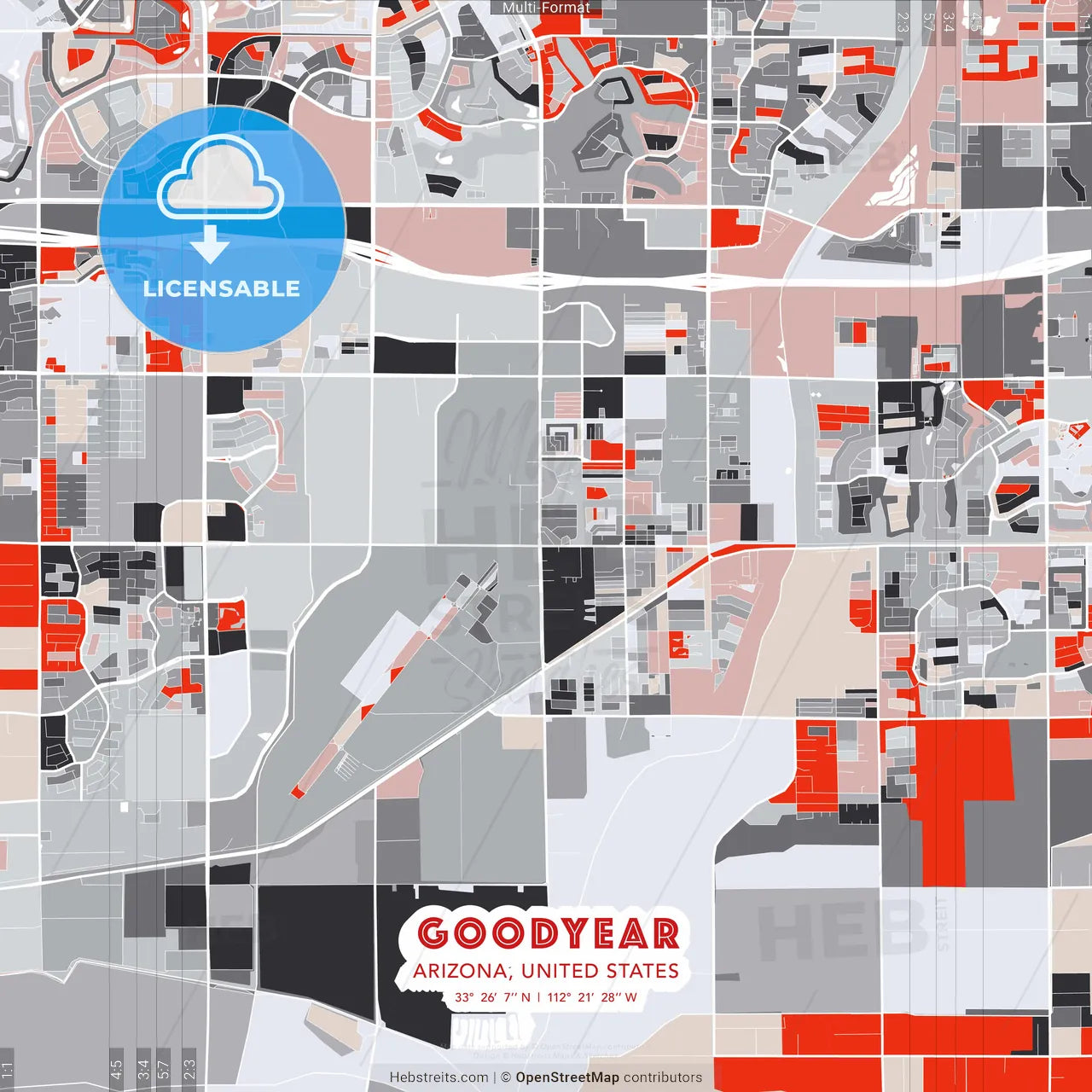 Goodyear, Arizona, United States - modern street map poster template with gray and red tones
