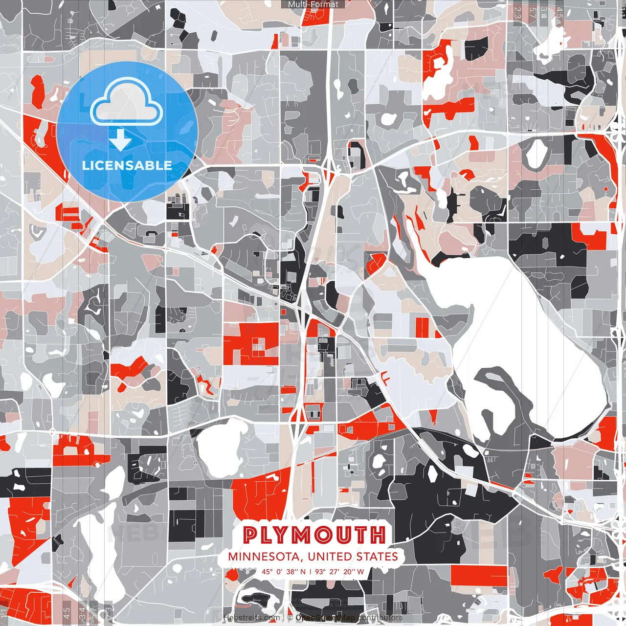 Plymouth, Minnesota, United States - modern street map poster template with gray and red tones