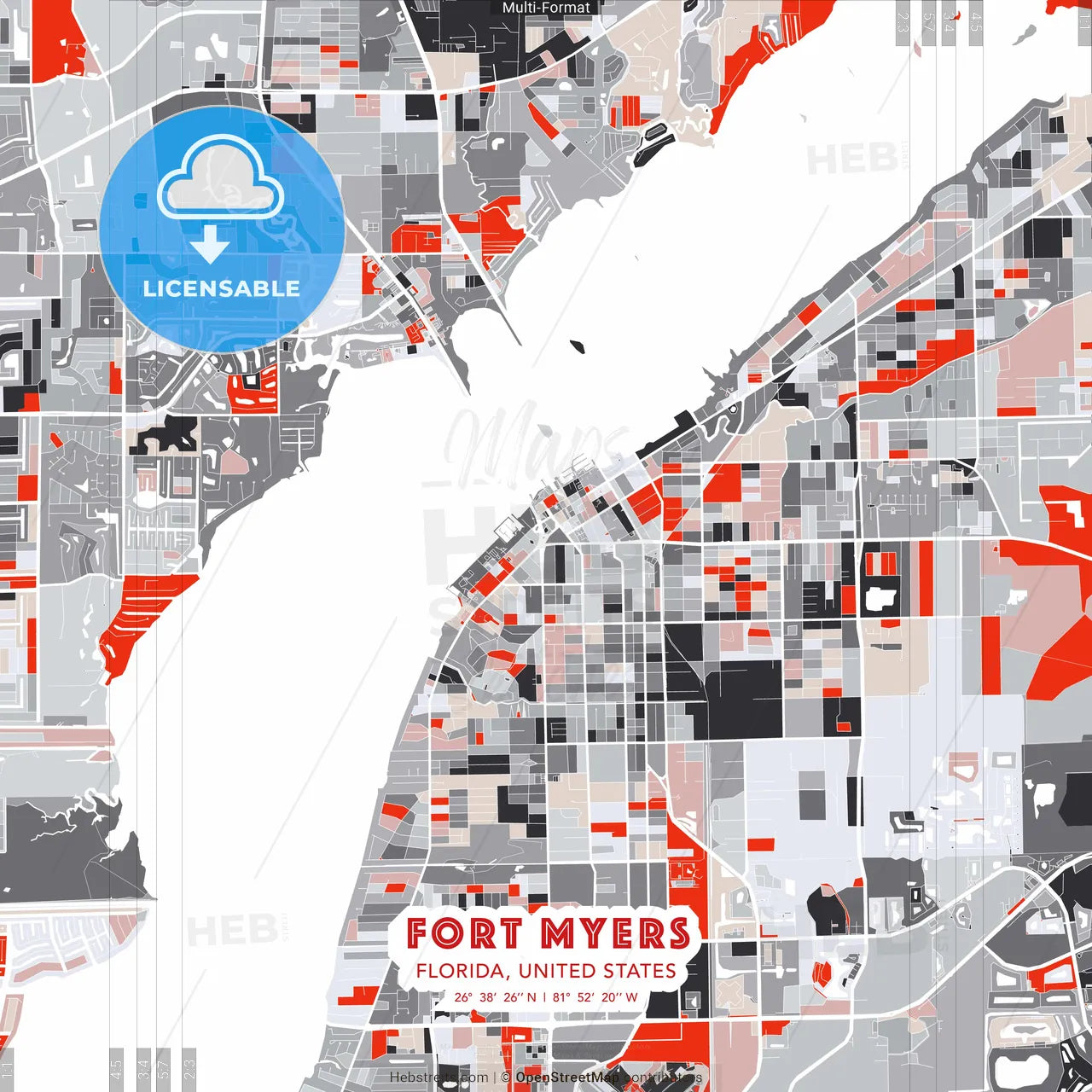Fort Myers, Florida, United States - modern street map poster template with gray and red tones