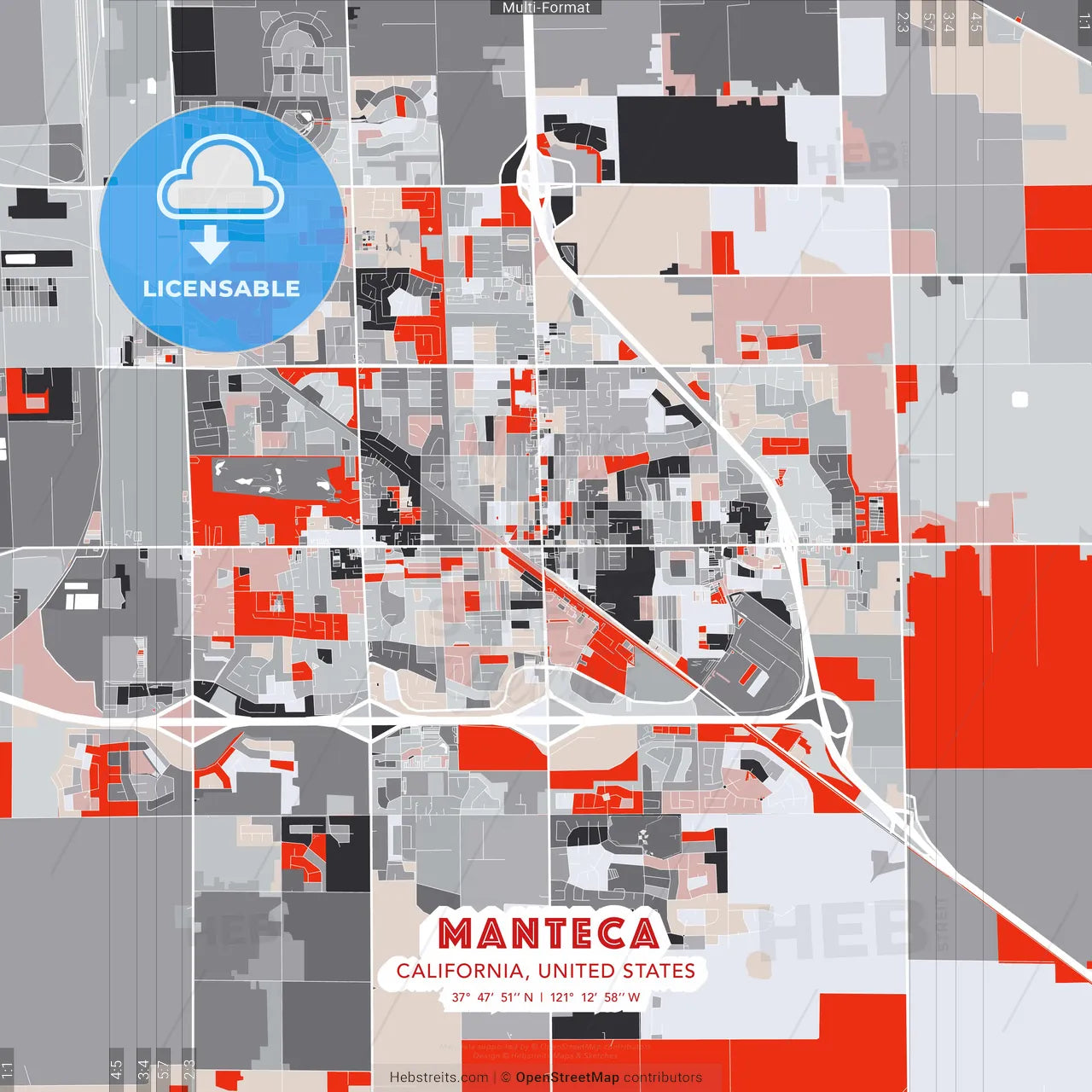 Manteca, California, United States - modern street map poster template with gray and red tones