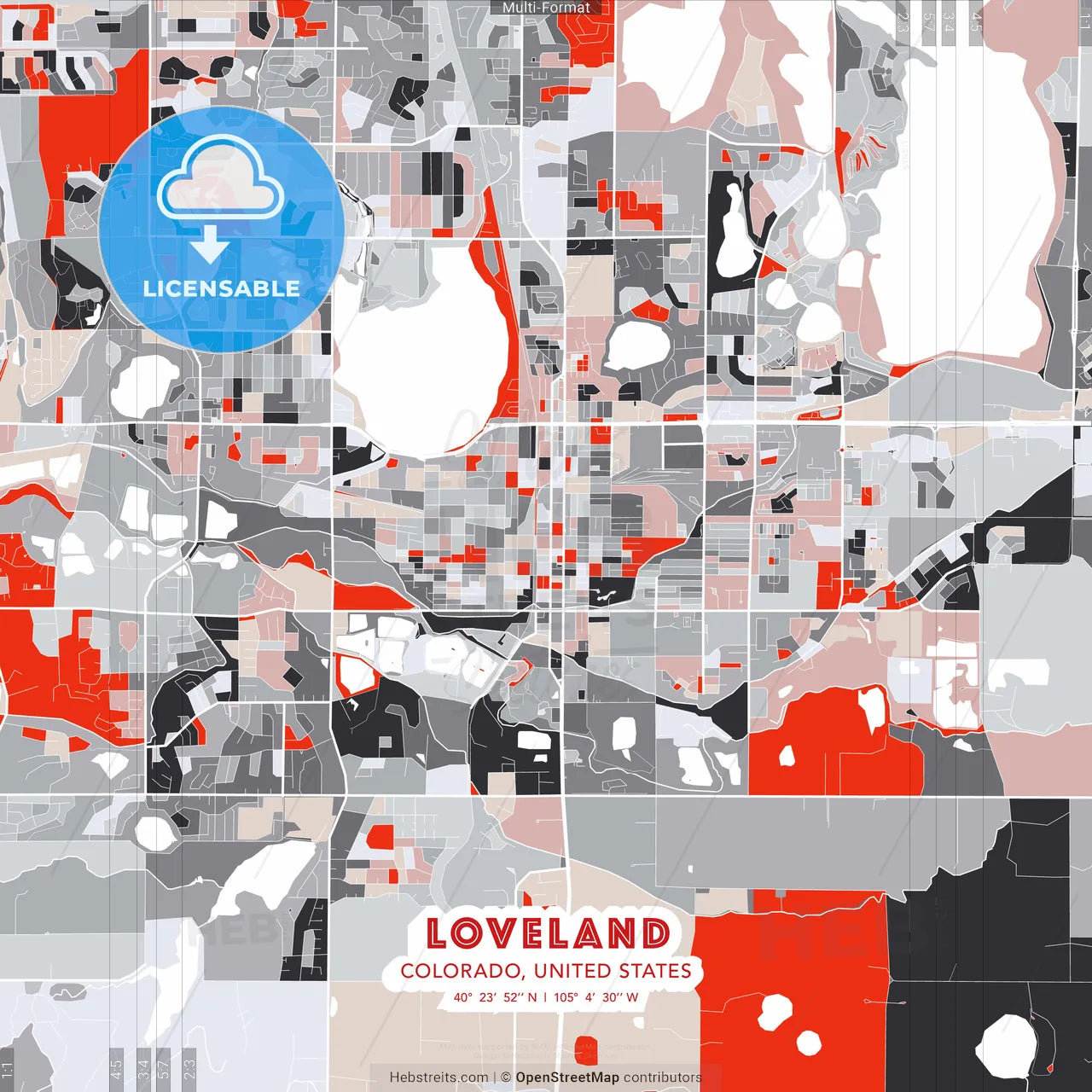 Loveland, Colorado, United States - modern street map poster template with gray and red tones