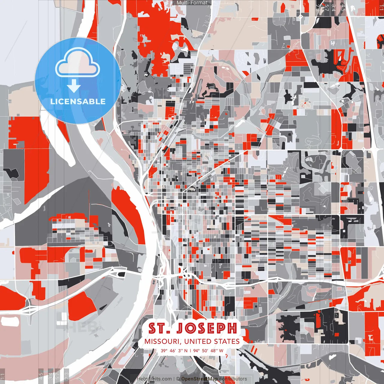 St. Joseph, Missouri, United States - modern street map poster template with gray and red tones