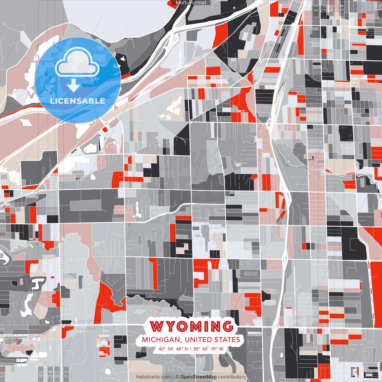 Wyoming, Michigan, United States - modern street map poster template with gray and red tones