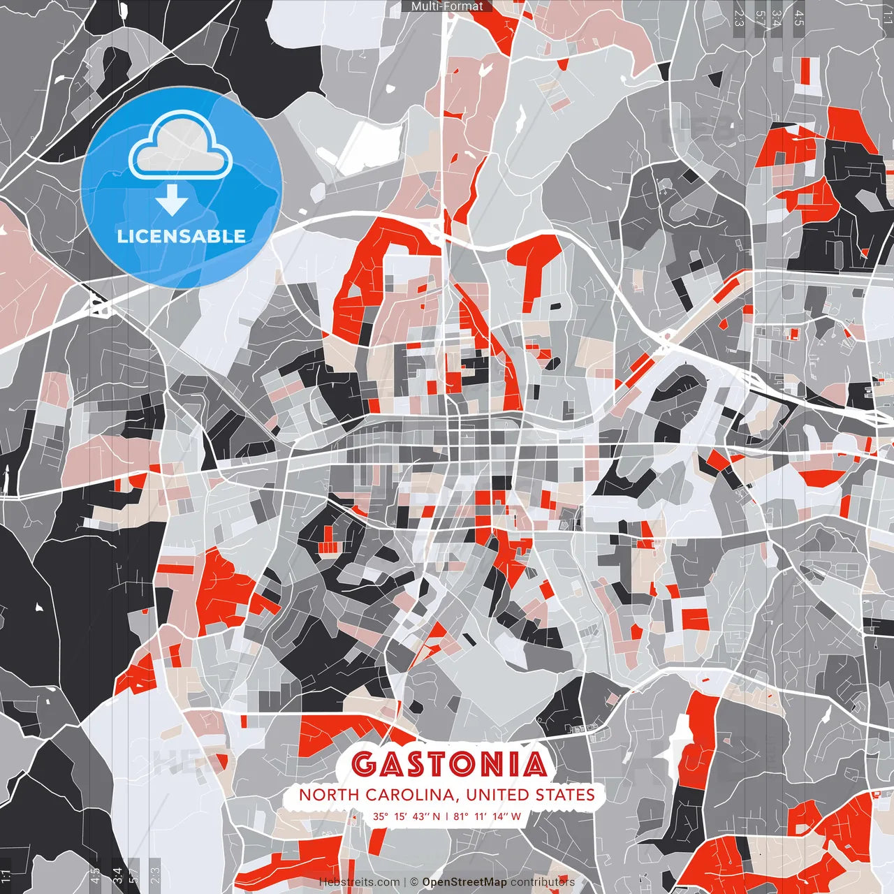 Gastonia, North Carolina, United States - modern street map poster template with gray and red tones