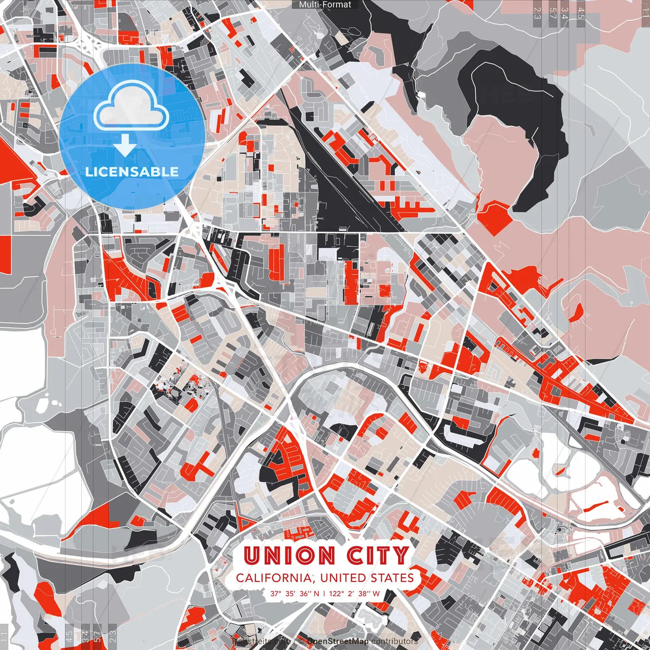 Union City, California, United States - modern street map poster template with gray and red tones