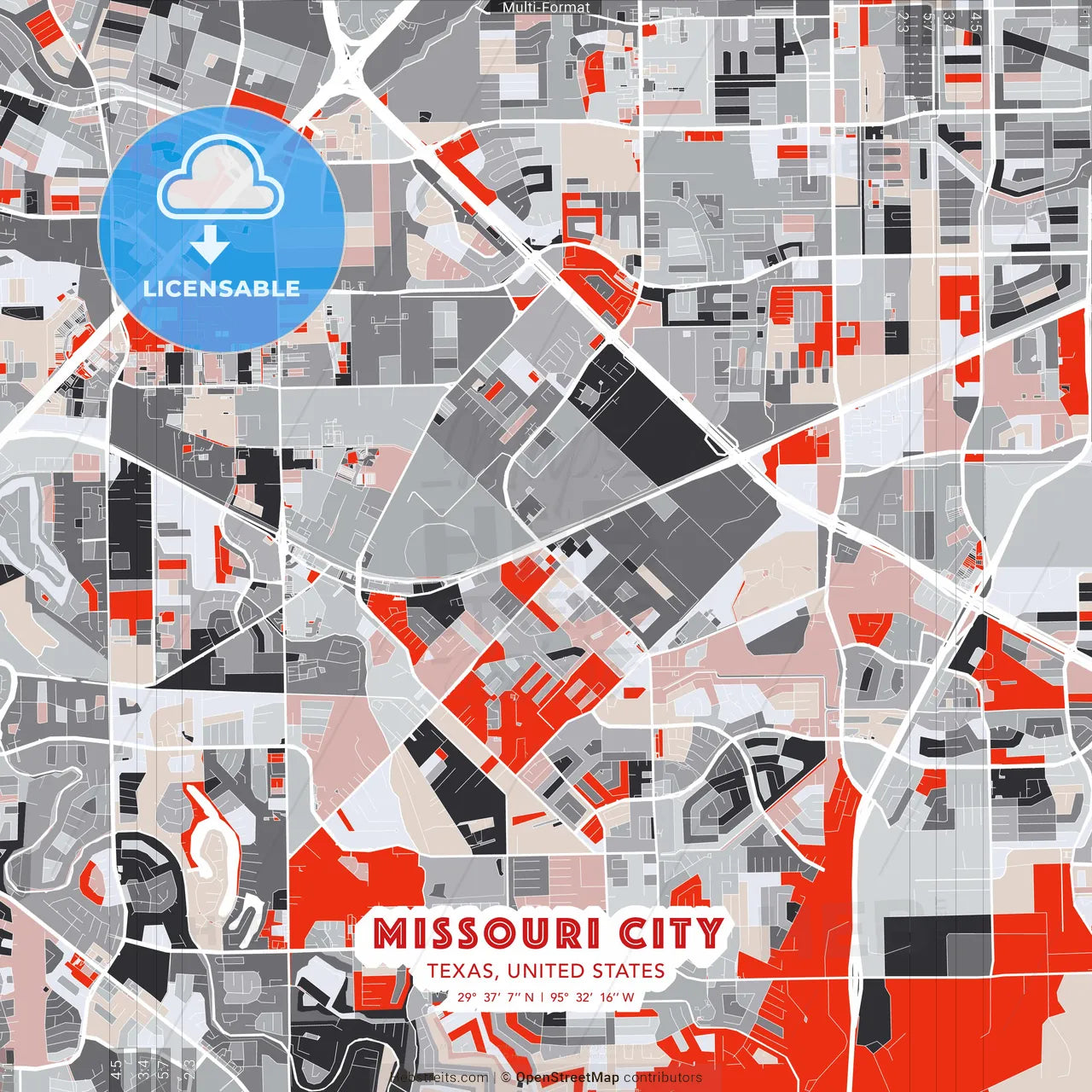 Missouri City, Texas, United States - modern street map poster template with gray and red tones