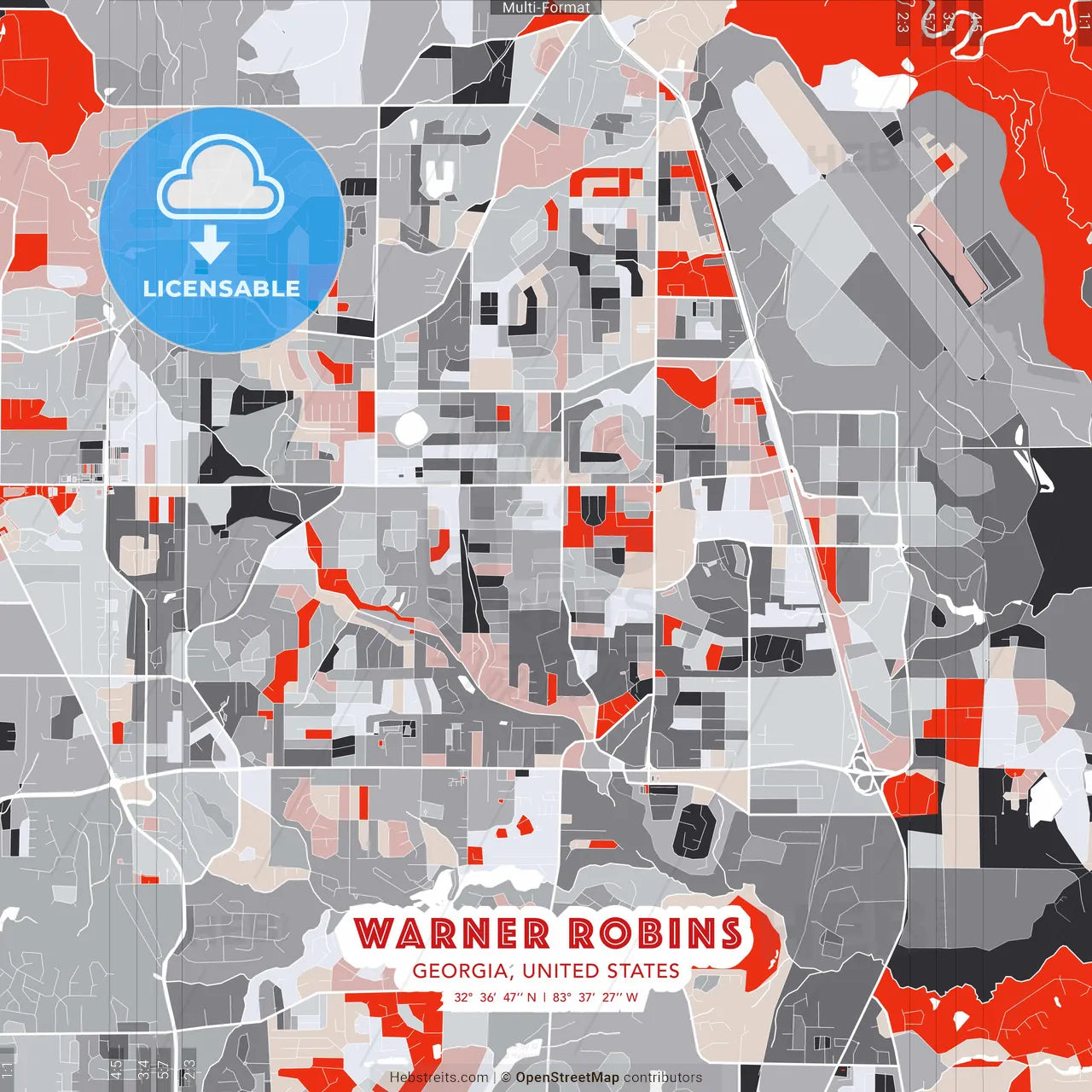Warner Robins, Georgia, United States - modern street map poster template with gray and red tones