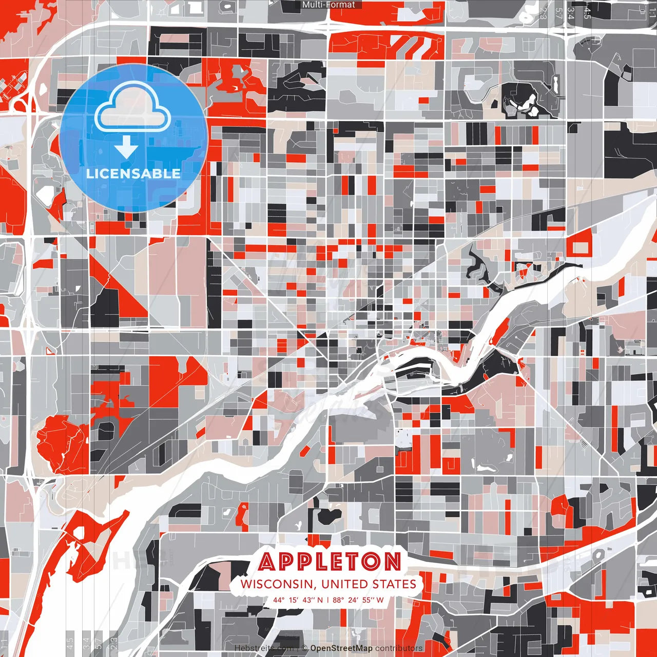 Appleton, Wisconsin, United States - modern street map poster template with gray and red tones
