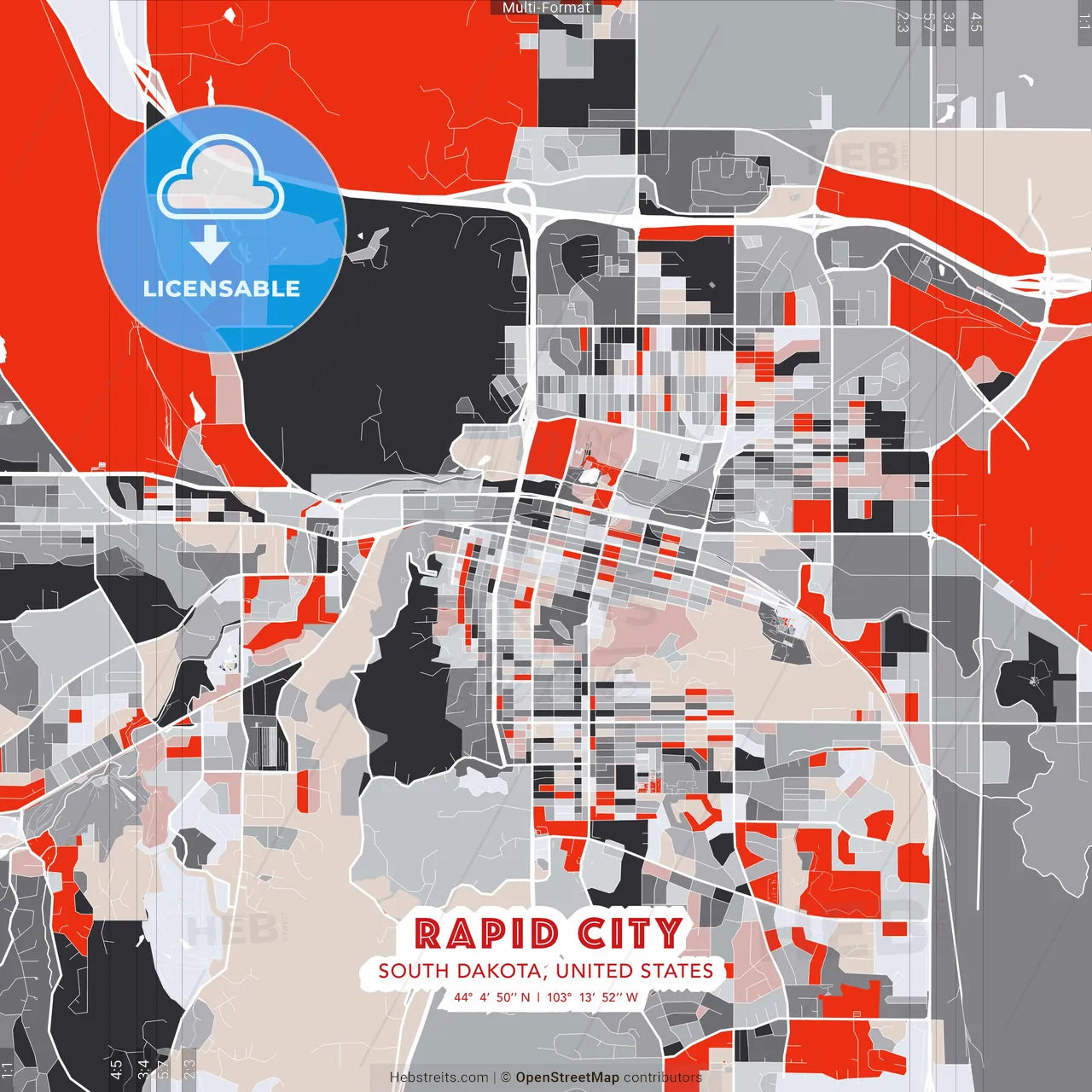 Rapid City, South Dakota, United States - modern street map poster template with gray and red tones