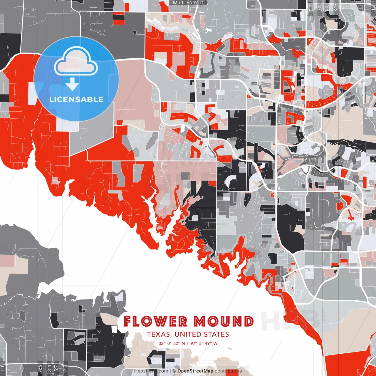 Flower Mound, Texas, United States - modern street map poster template with gray and red tones