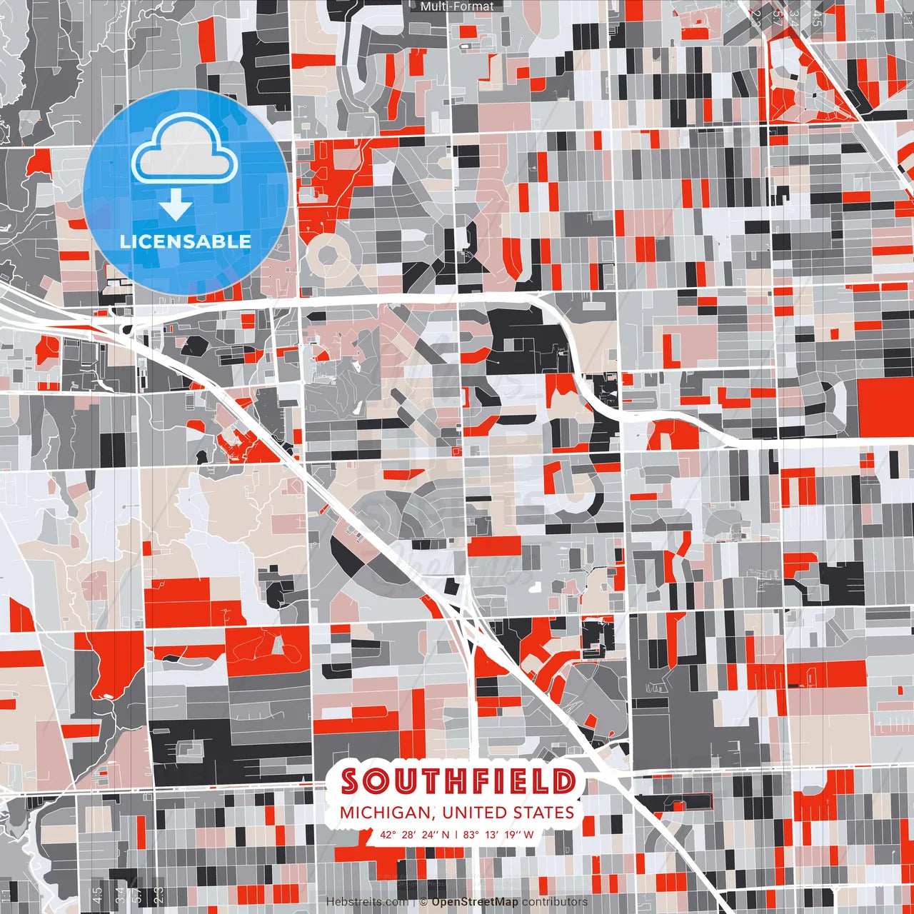Southfield, Michigan, United States - modern street map poster template with gray and red tones