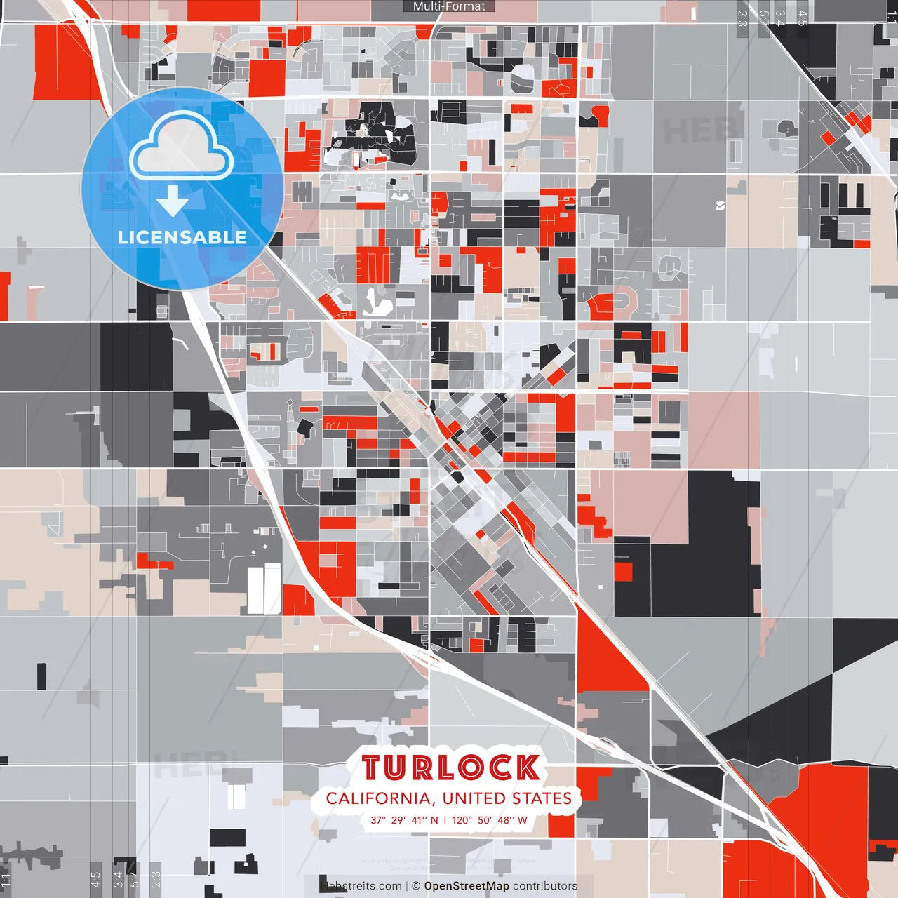 Turlock, California, United States - modern street map poster template with gray and red tones