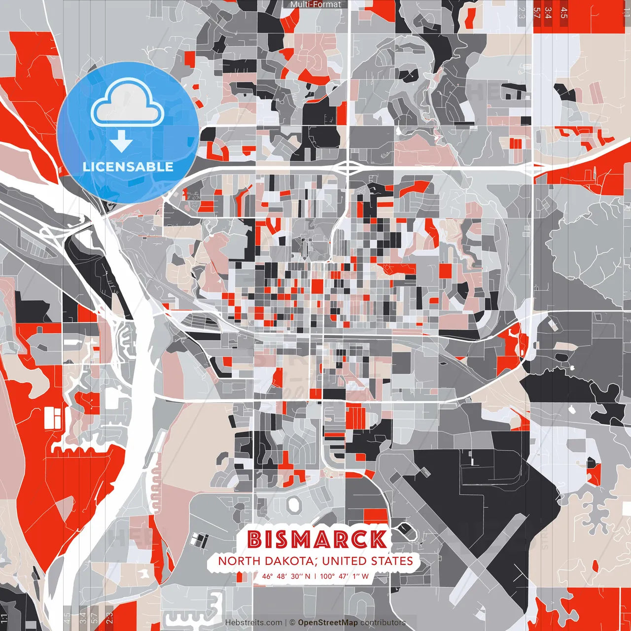 Bismarck, North Dakota, United States - modern street map poster template with gray and red tones