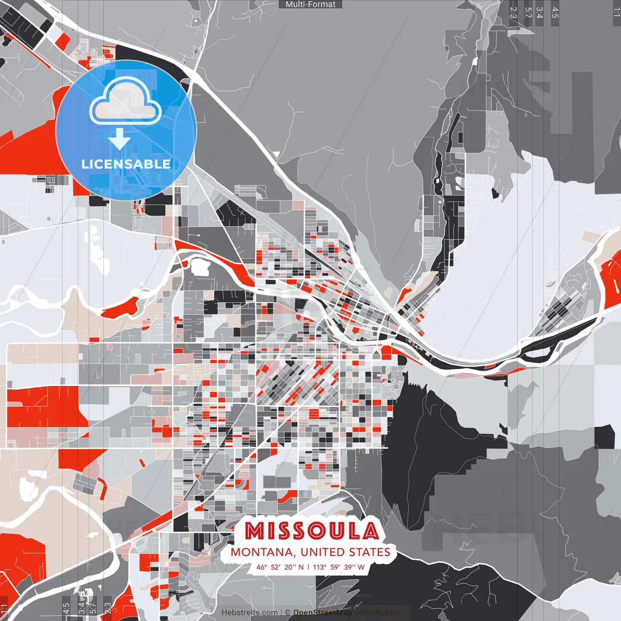 Missoula, Montana, United States - modern street map poster template with gray and red tones