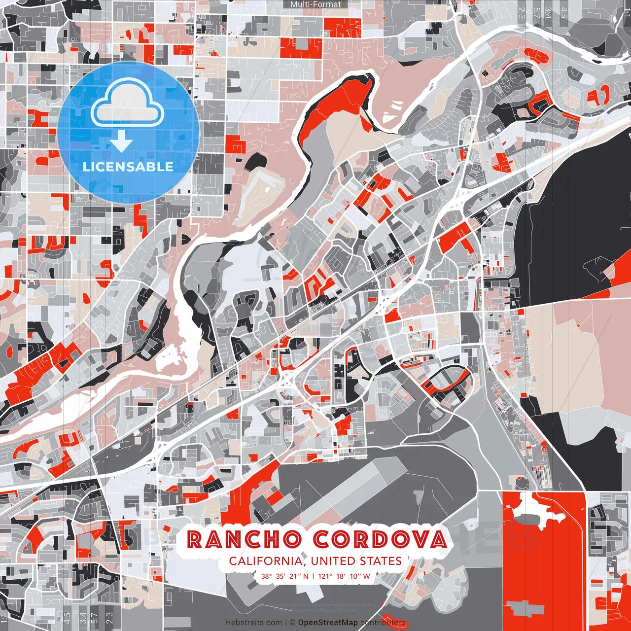Rancho Cordova, California, United States - modern street map poster template with gray and red tones