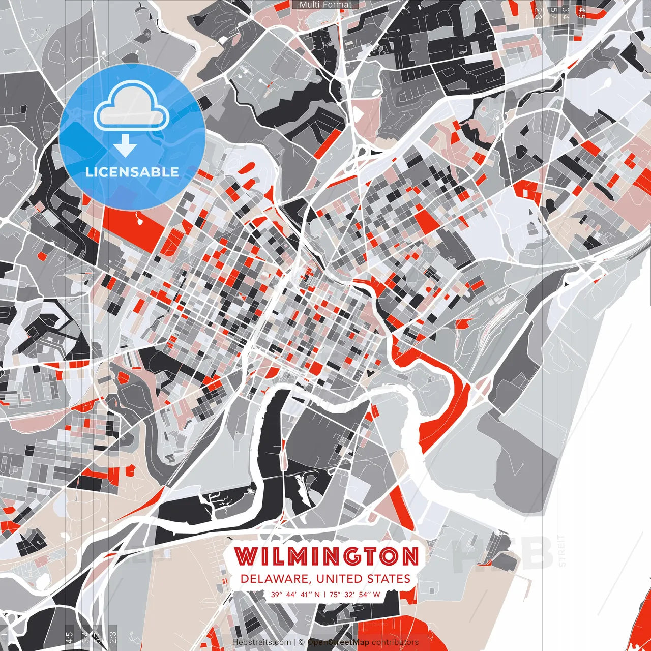 Wilmington, Delaware, United States - modern street map poster template with gray and red tones