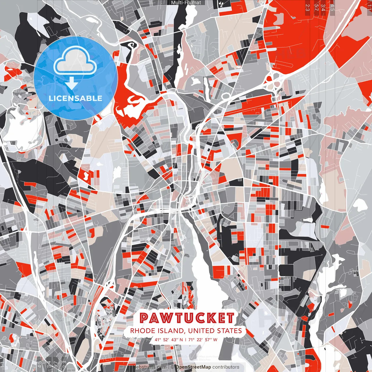 Pawtucket, Rhode Island, United States - modern street map poster template with gray and red tones
