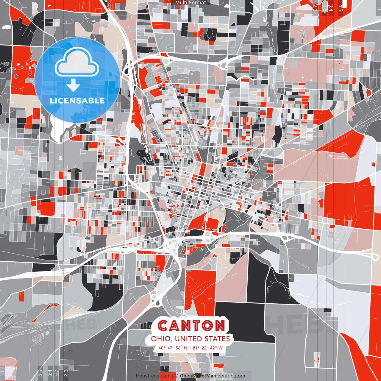 Canton, Ohio, United States - modern street map poster template with gray and red tones