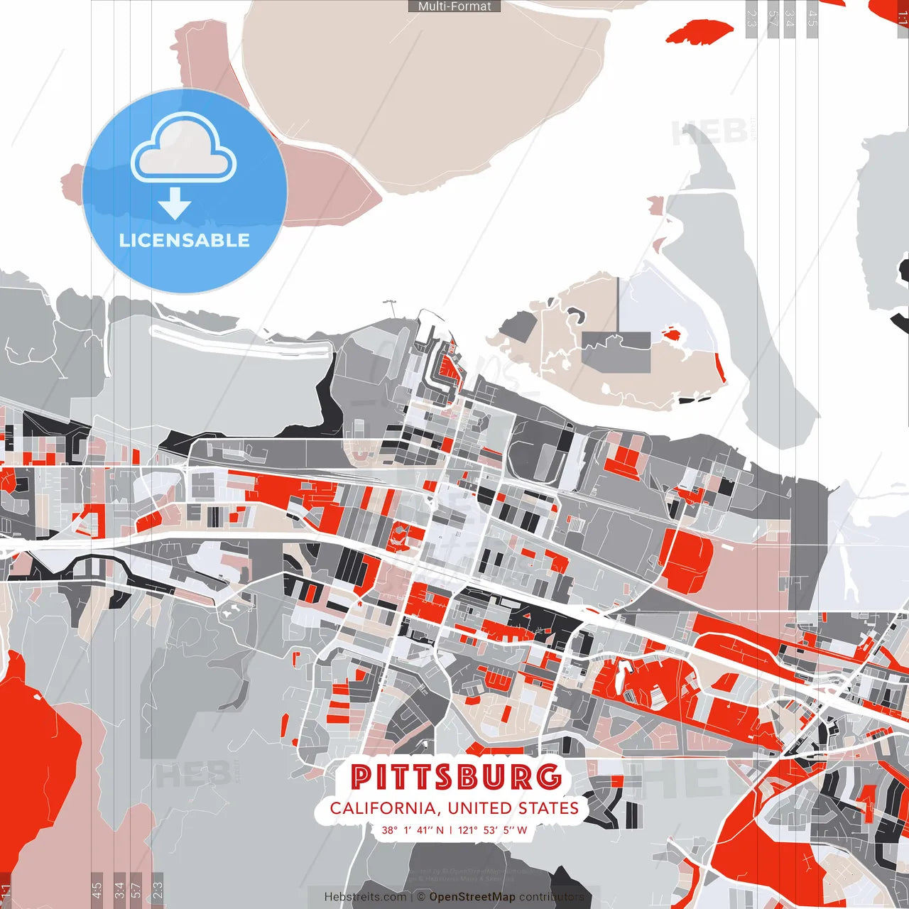 Pittsburg, California, United States - modern street map poster template with gray and red tones