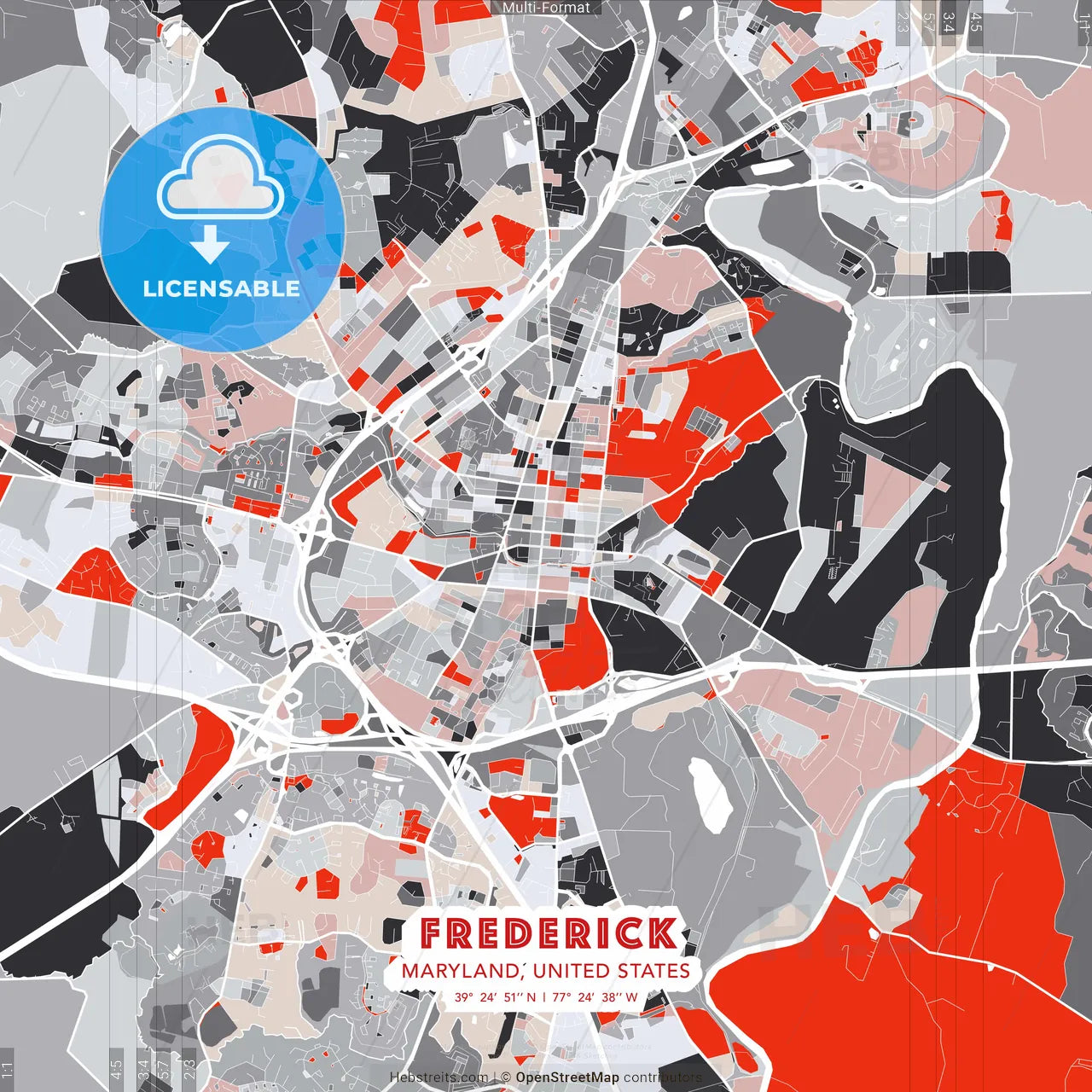 Frederick, Maryland, United States - modern street map poster template with gray and red tones