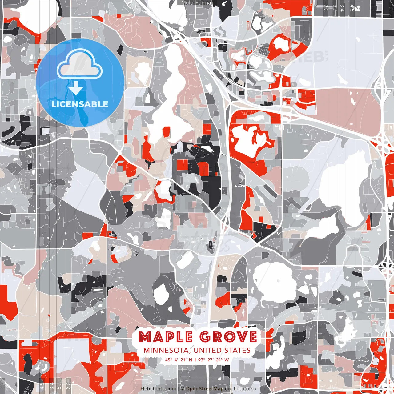 Maple Grove, Minnesota, United States - modern street map poster template with gray and red tones