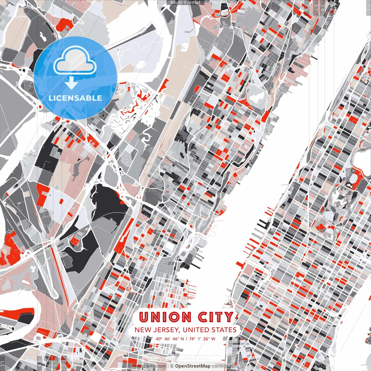 Union City, New Jersey, United States - modern street map poster template with gray and red tones