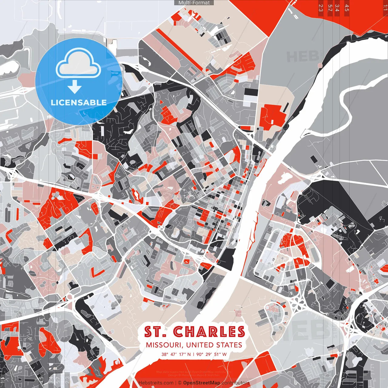 St. Charles, Missouri, United States - modern street map poster template with gray and red tones