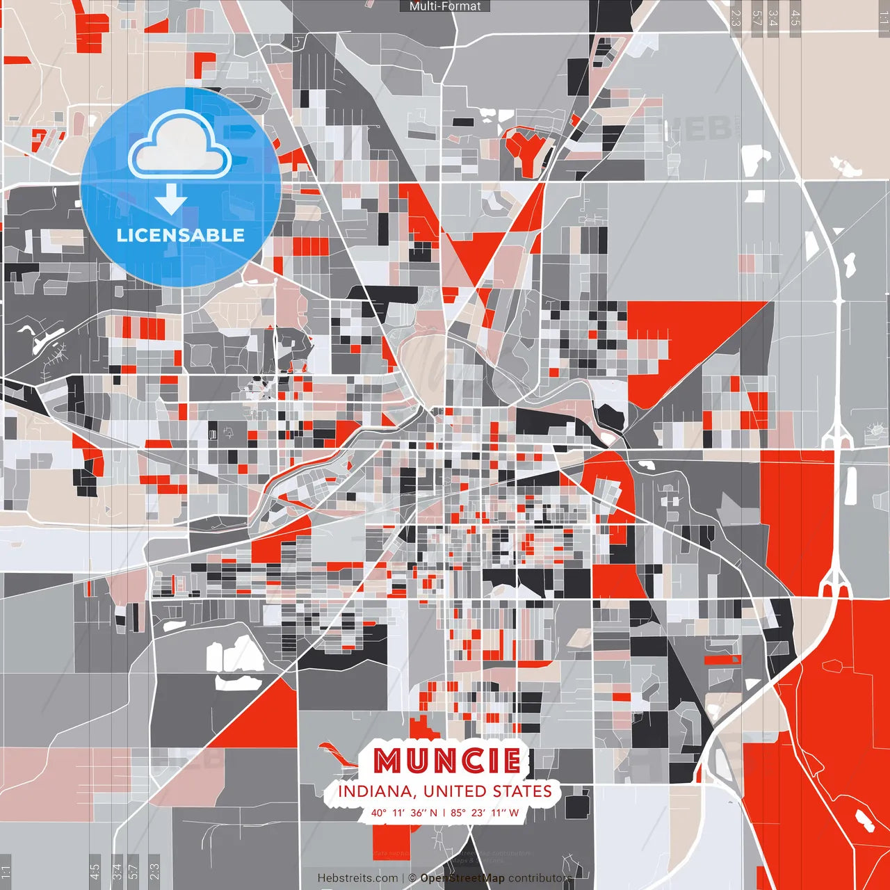 Muncie, Indiana, United States - modern street map poster template with gray and red tones
