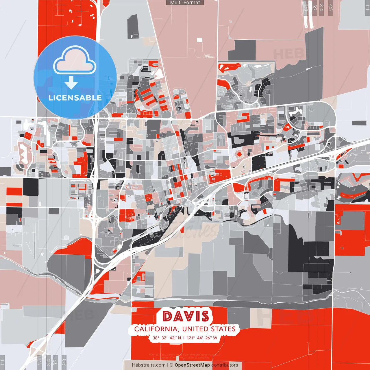 Davis, California, United States - modern street map poster template with gray and red tones