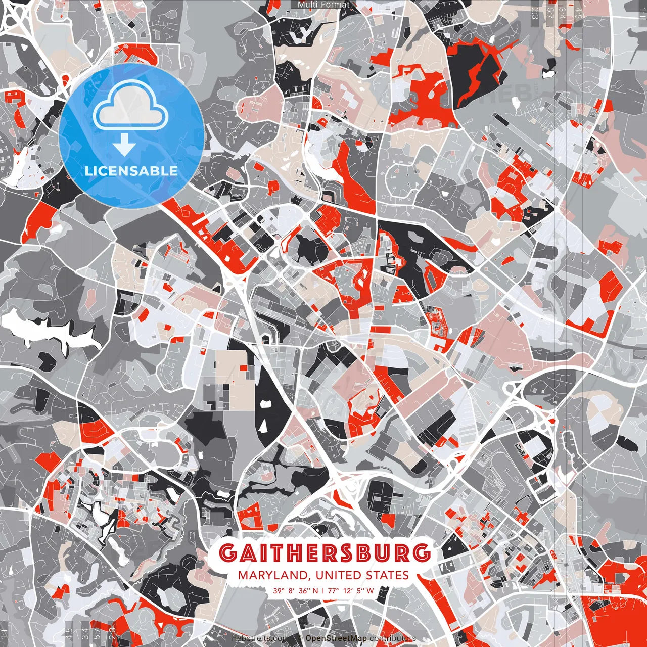 Gaithersburg, Maryland, United States - modern street map poster template with gray and red tones