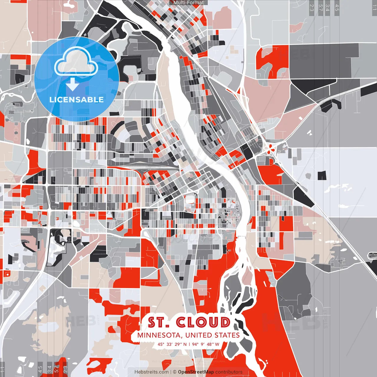 St. Cloud, Minnesota, United States - modern street map poster template with gray and red tones